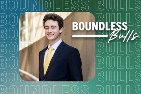Aiden Jaskolka-Brown headshot with Boundless Bulls written in white and in a series in the green background