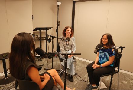 Anabella Garcia talking with two Honors podcast hosts in the Honors AV studio