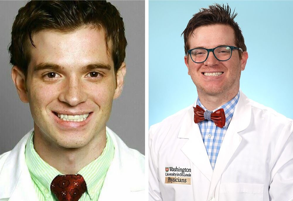 Bryce Montane (left) at his white coat ceremony at USF and (right) posing for his Washington University headshot 