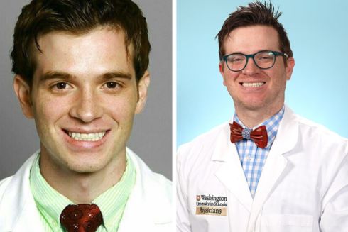 Bryce Montane (left) at his white coat ceremony at USF and (right) posing for his Washington University headshot 