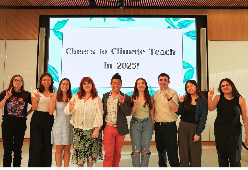 The USF Climate Teach-In Executive Board and Dr. Andrew Hargrove show their bull pride at the end-of-week Climate Social/award night.
