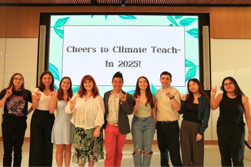The USF Climate Teach-In Executive Board and Dr. Andrew Hargrove show their bull pride at the end-of-week Climate Social/award night.
