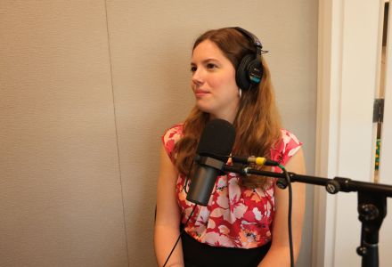 Heather Stroup recording her podcast in the Honors AV room
