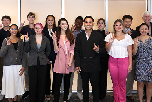 Hiram Ríos Hernández poses with Wilcox Scholars, Dean Charles Adams, and Dr. Ralph Wilcox after a wonderful conversation at “Breakfast with a Diplomat” in the Judy Genshaft Honors College