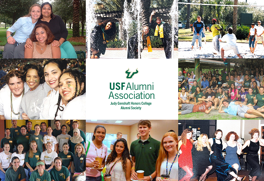 Nine-panel image featuring Judy Genshaft Honors College alumni during their time as students; the center panel displays the Judy Genshaft Honors College Alumni Society logo.