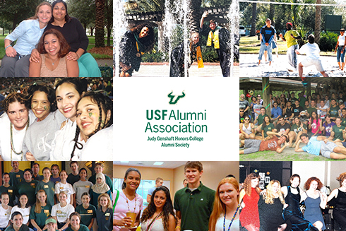 Nine-panel image featuring Judy Genshaft Honors College alumni during their time as students; the center panel displays the Judy Genshaft Honors College Alumni Society logo.