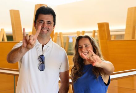 Frank Nunez and Mira Stimac show their bull pride on the fifth floor of the Honors College.