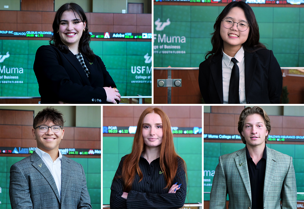 5 panel image of five Honors students given the title of Muma's 25 Under 25 in 2025, (top left: Emile Leyva, top right: Minh Ha Pham, bottom left: Jacob Park, bottom middle: Rylee King, bottom right: Joshua Streitmatter)