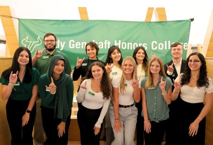 Honors Student Council Leadership team 2025-2026 poses in a learning loft on the fifth floor of the Honors building.