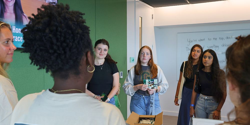 Honors peer mentors share about first year student success and support in the third floor student lounge in the Honors building.