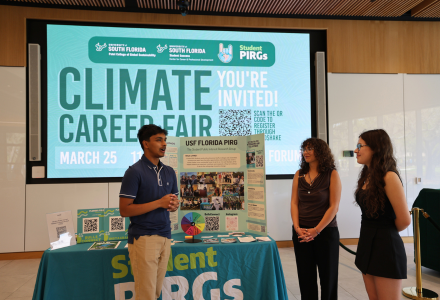 Three USF students attend the Climate Career Fair as part of the 2026 USF Climate-Teach-In.