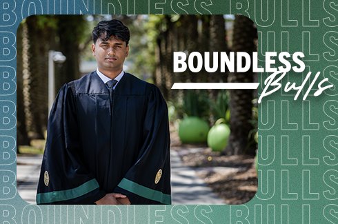 Yeran Gamage in graduation regalia - Boundless Bulls graphic
