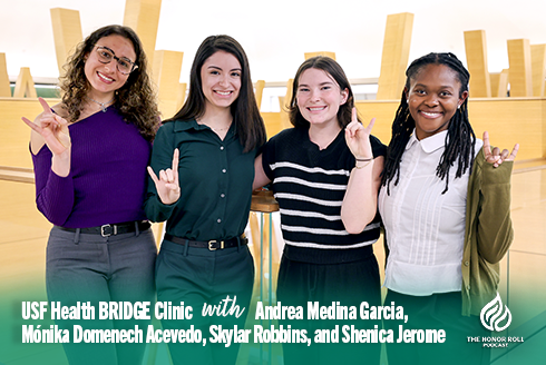 BRIDGE Clinic members Skylar Robbins, Shenica Jerome, Andrea Medina Garcia, and Mónika Domenech-Acevedo in the Honors building