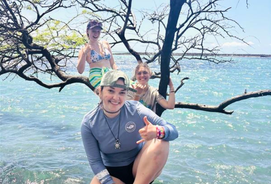 three students on a tree branch above the ocean
