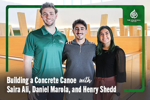 USF students Henry Shedd, Daniel Marola, and Saira Ali in the Judy Genshaft Honors College building.