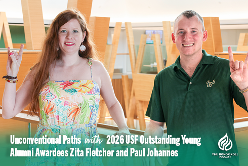 2026 USF Outstanding Young Alumni Award recipients Zita Fletcher and Paul Johannes in the Judy Genshaft Honors College building.