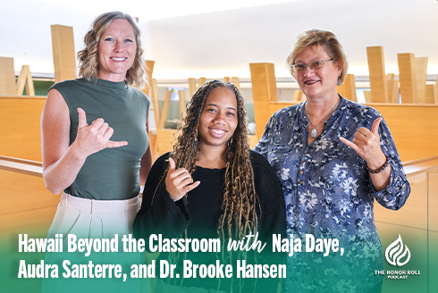 Audra Santerre, Naja Daye, and Dr. Brooke Hansen posing with the shaka hand sign in the Judy Genshaft Honors College