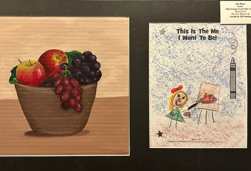 Boyer's senior art project, a still life, next to her elementary depiction of who she wanted to be when she grew up, an artist.