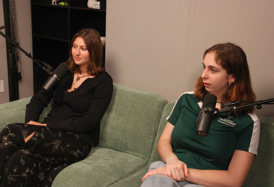 Caroline Pope and May Birch in podcast studio