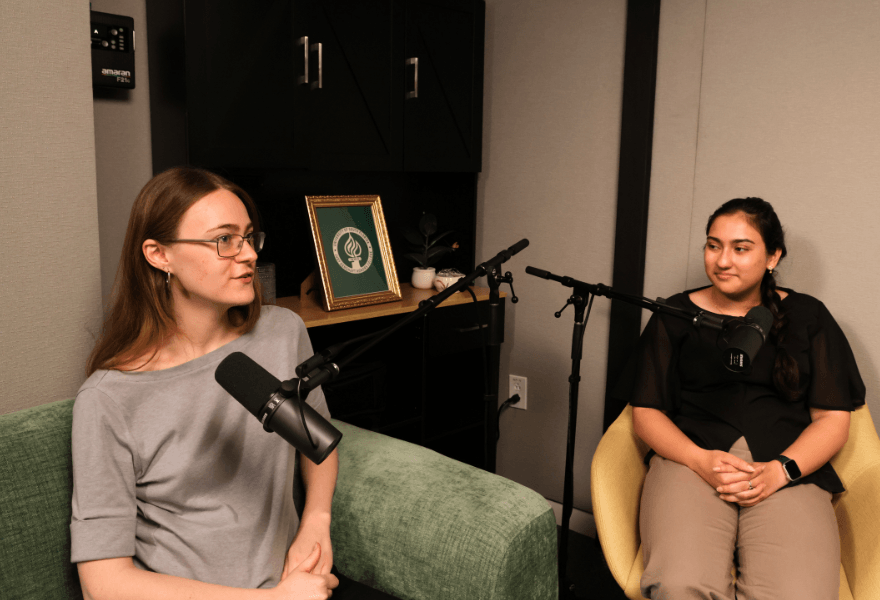 Rachel Kandl is interviewed on The Honor Roll Podcast in the Judy Genshaft Honors College podcast studio.