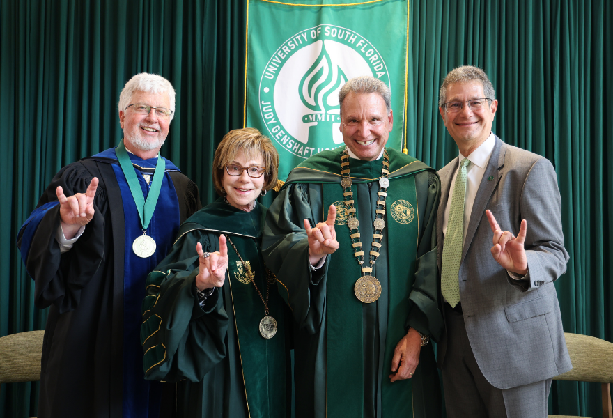 Honors College Dean Charles Adams, President Emerita Judy Genshaft, USF President Moez Limayem, and Steven Greenbaum at the Tampa Honors College Convocation Ceremony
