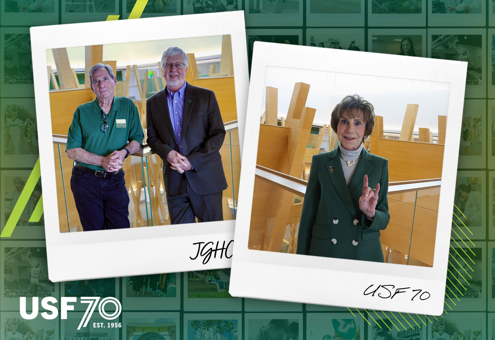 wo polaroid graphics: Left features Stuart Silverman and Charles Adams, Right features Judy Genshaft