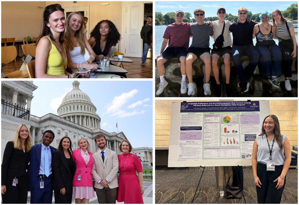 Four-pannel graphic displaying USF Wilcox Scholars in their summer experiential learning activities. 