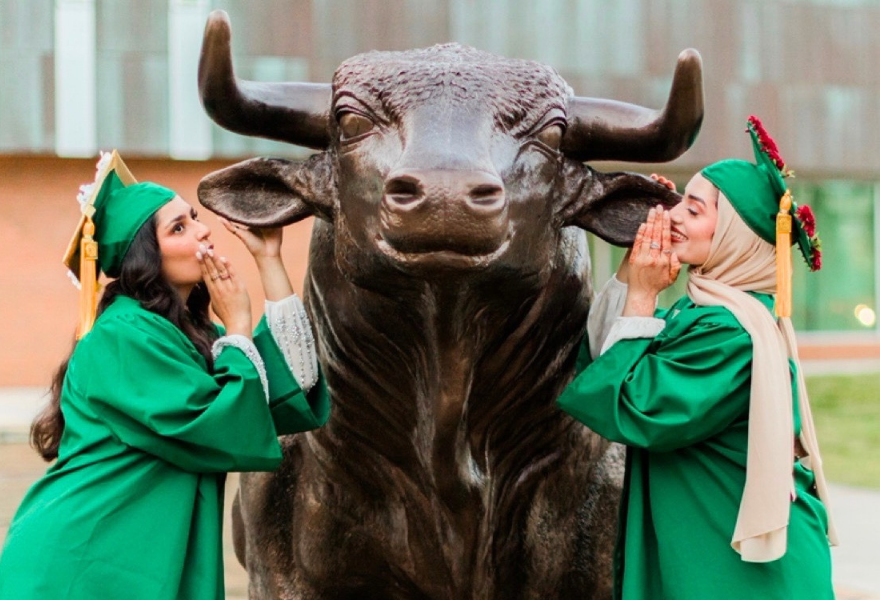 Zainab and a friend in USF graduation gowns whisper in a bull statue's ears on USF campus