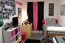 decorative dorm with shelves on one side of room and bed right across