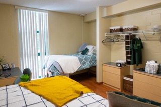 Bed in corner with closet and two dressers in middle.*
