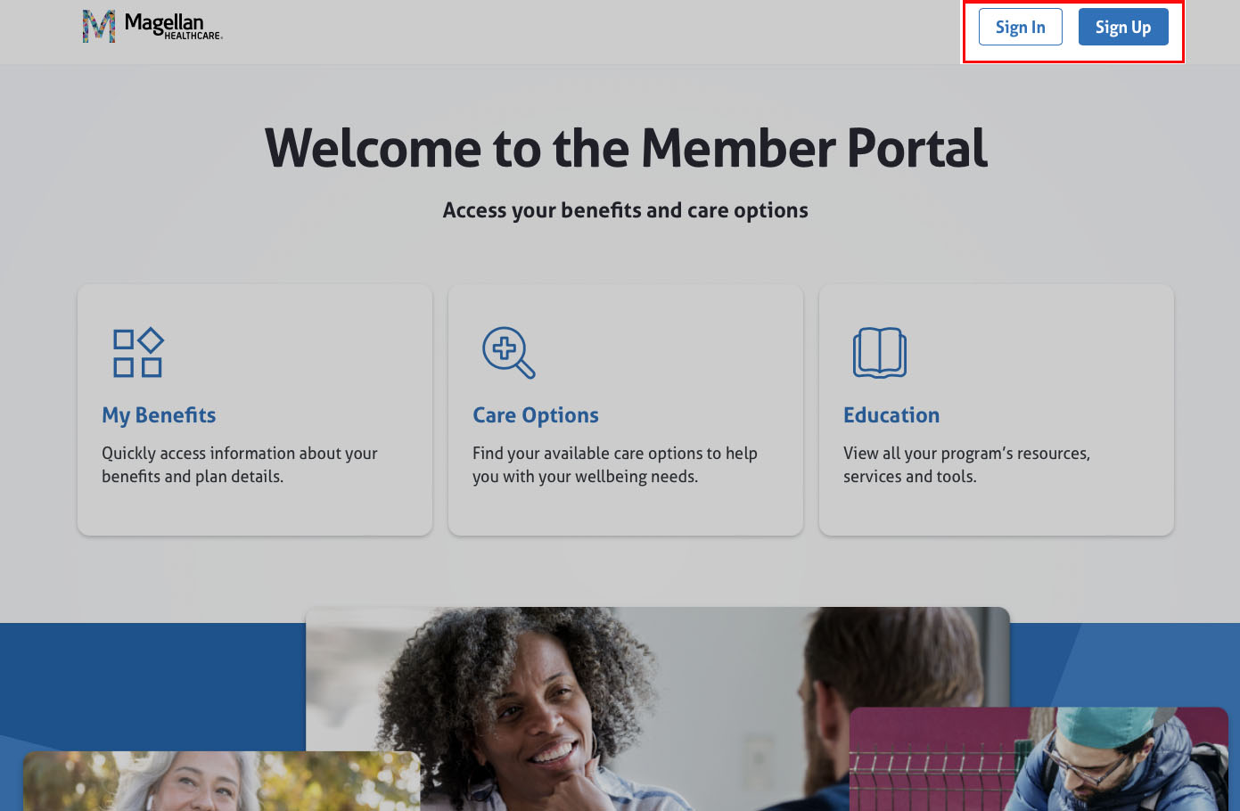 Screen to sign up or sign in with buttons at top right corner