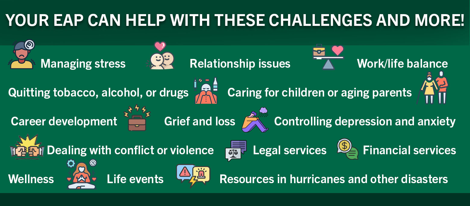 Your EAP can help with the following challenges and more! Managing stress, wellness, relationship issues, work/life blance, quitting tobacco, alchohol or drugs, caring for children or aging parents, career developemnt, dealing with conflict or violence, grief and loss, controlling depression and anxiety, legal services, financial services, life events, resources for hurricanes and other disasters