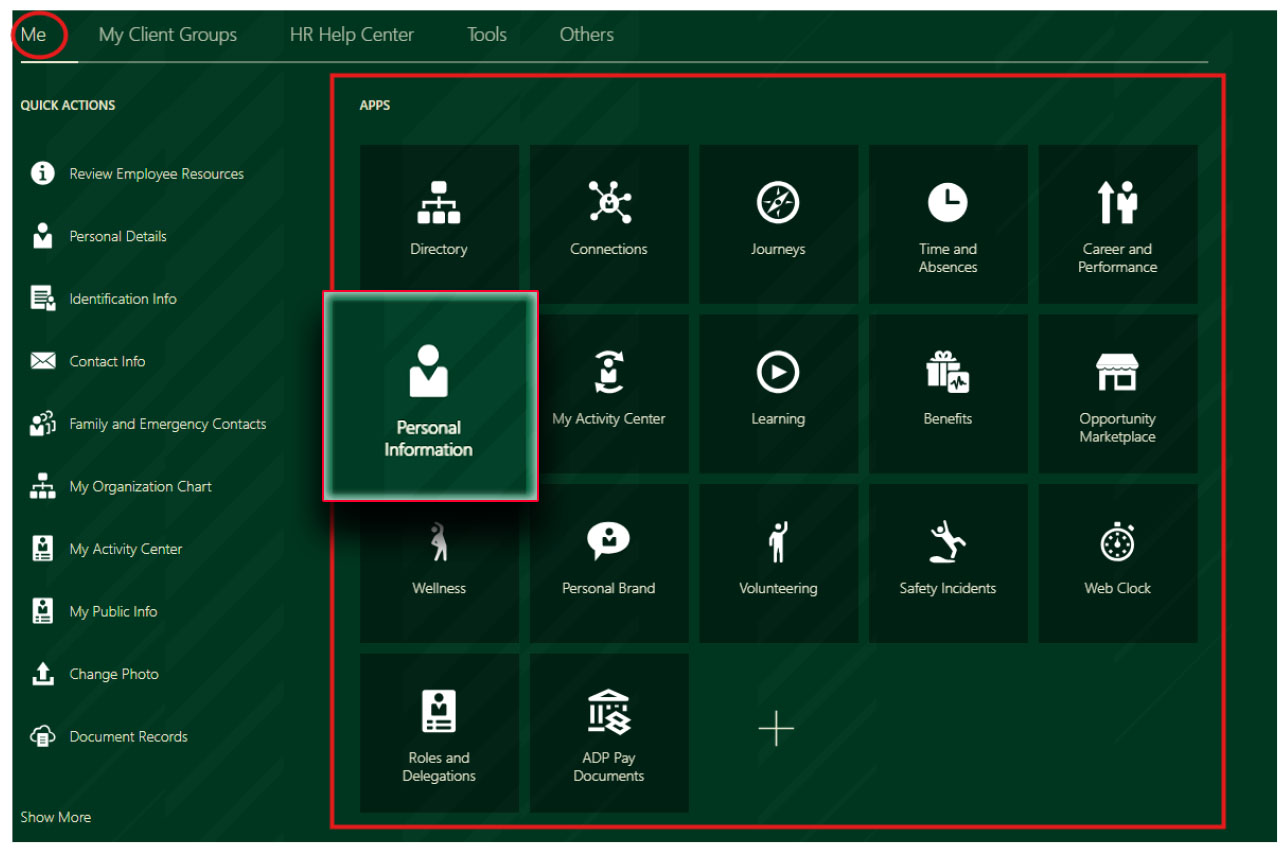 Oracle homescreen with personal info tile highlighted