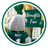 Rocky walking into benifits fair with green and gold balloons