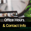 laptop screen and clock with words office hours and contact info