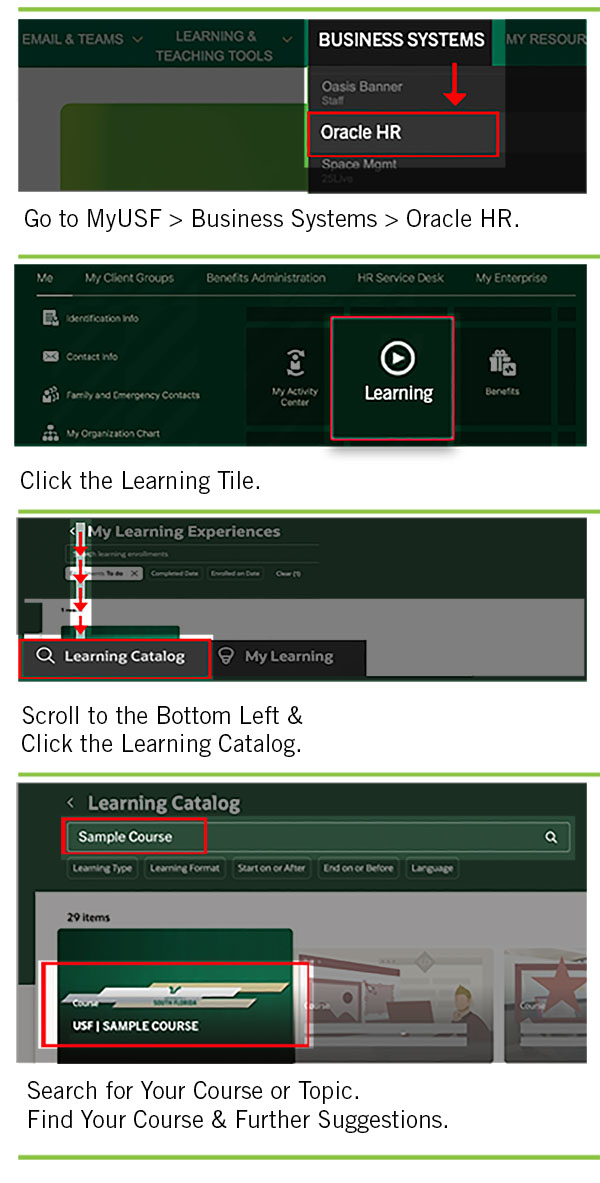 o find a course in the Oracle HR learning catalog, go myusf, business systems, oracle hr. Click on the learning tile. Scroll all the way to the bottom of the page and click on the learning catalog. Enter what you are searching for. Your course as well as other suggestions will load on the screen.