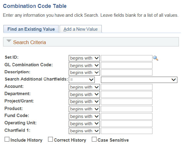screenshot of combo code table