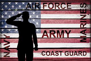 flag with soldier silhouette. The words "Air Force", "Army", "Marines", and "Navy" overlaid on top.