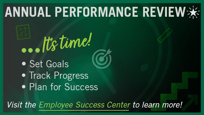Annual Performance Review - It's Time. Set goals. Track progress. Plan for success. faded images of clock, ruler, plan sheet, bullseye against dark green background