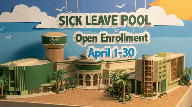 diorama of campus, sick leave pool open enrollment April 1-30