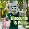Rocky holding piggy bank with words discounts and perks