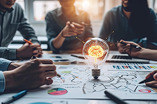 a group of people sit around a table with drawings and graphs with a lightbulb and glowing brain in center