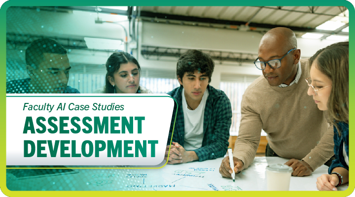 a behind shot of a woman speaking to coworkers with her hands with the words assessment development embed on image