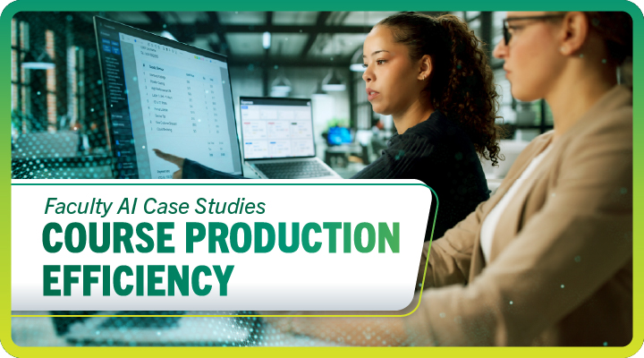 A woman sits at a work desk with a co worker pointing to screen with the words course production efficiency embeded on image