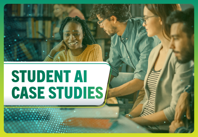 students sit at a desk in a libary talking with the words student ai case studies embeded on image