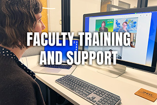 a faculty support employee sits on a teams call helping faculty with their online course with the words Faculty Training and Support on top of image