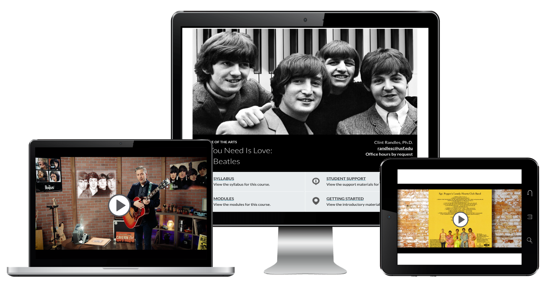 All YAll You Need is Love: The Beatles course displayed on laptop, computer, and pad.