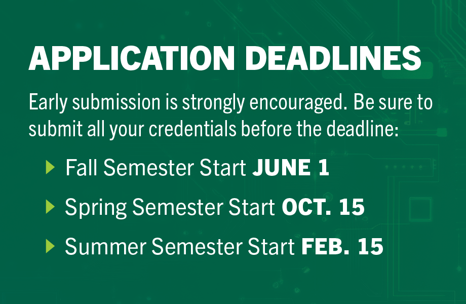Application Deadlines- Early Submission is strongly encouraged. Be sure to submit all credentials before deadlines: Fall semester start is June 1, Spring Semester Start is October 15, and Summer Semester Start is February 15
