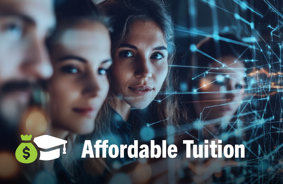 affordable tuition. close up of 3 faces looking into camera with techy overlay