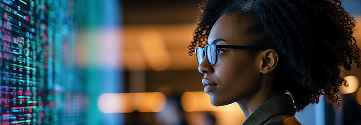 a woman stars at a screen of data